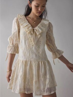 Kiss The Sky Embroidered Ruffle Mini Dress | Urban Outfitters | XS